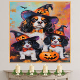Cavalier King Charles Spaniel Halloween Canvas Wall Art with Pumpkins Rustic Fall Farmhouse Accent for Dog Lovers on Ready to Hang 1.5" Thick Canvas Wrap, Floating Framed Canvas, Flat Rolled Canvas